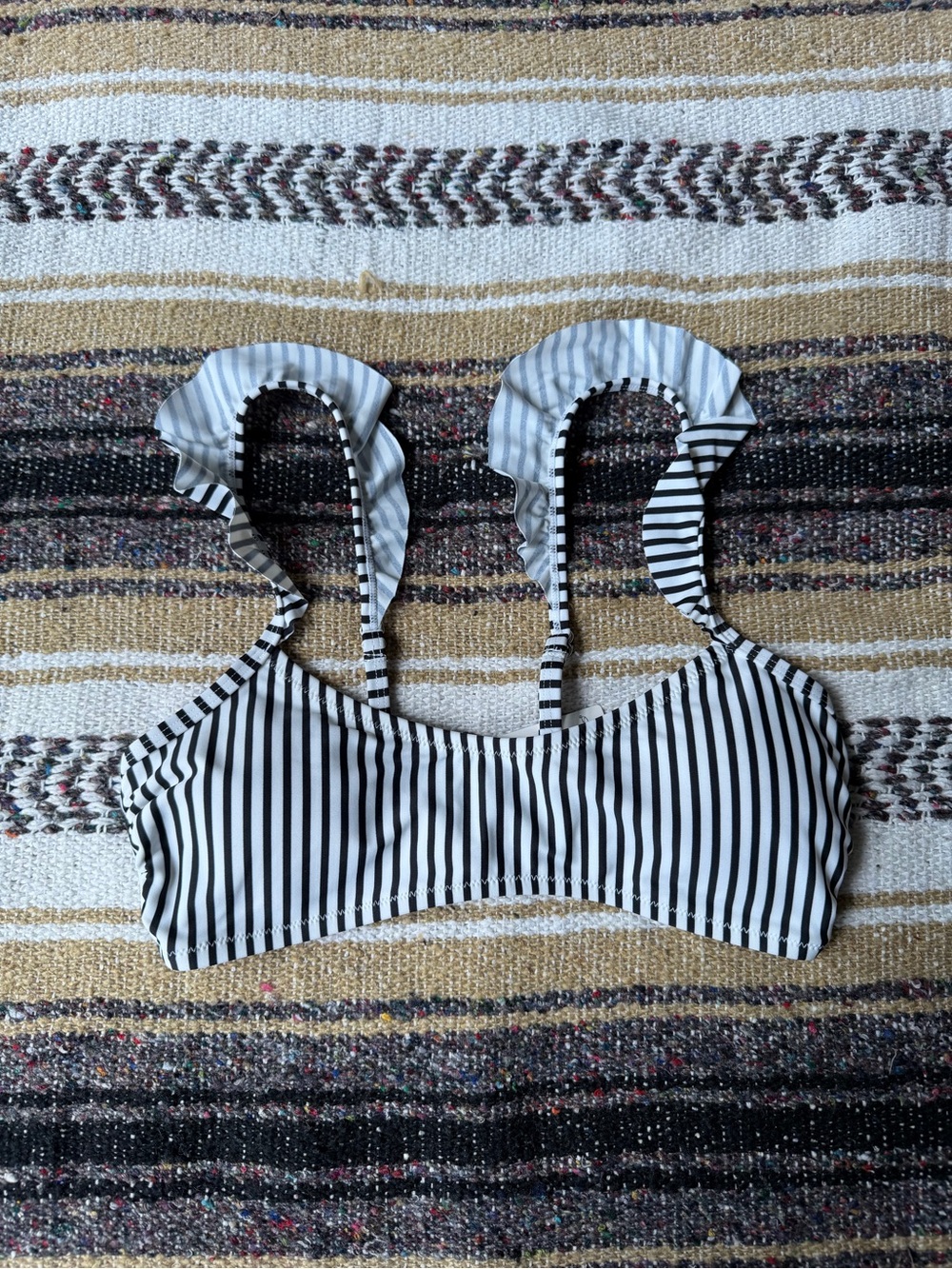 Cupshe Black & White Striped Ruffle Bikini Top